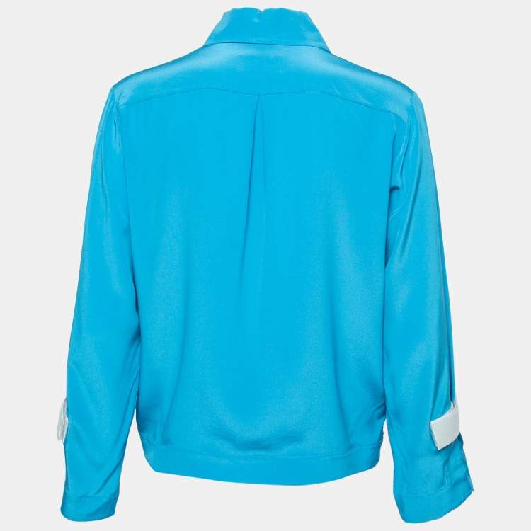 Pre Owned Chanel Blue Silk Velcro Trimmed Button Front Blouse S