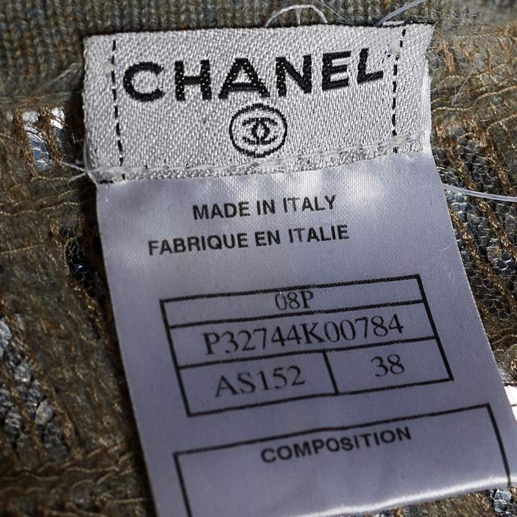 Pre Owned Chanel Beige & Grey Sequined Grid Button Front Cardigan M