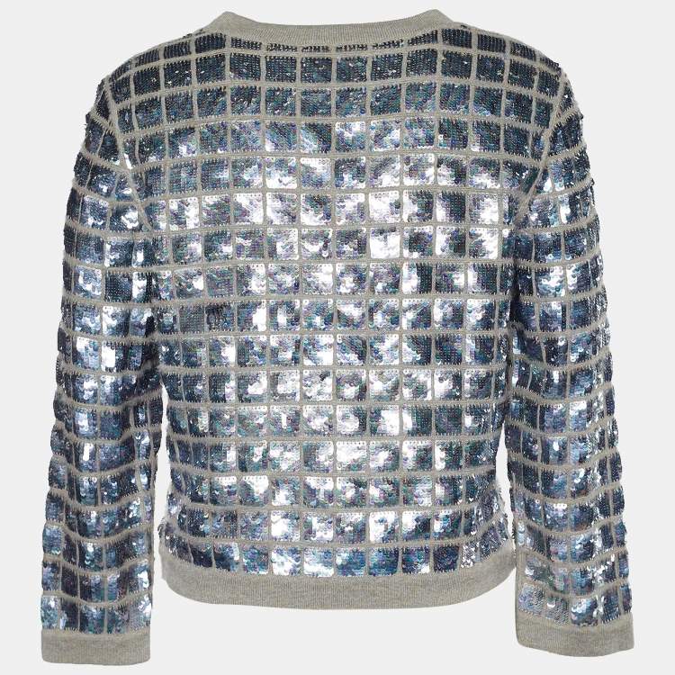 Pre Owned Chanel Beige & Grey Sequined Grid Button Front Cardigan M
