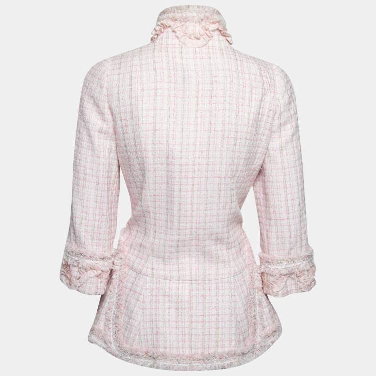 Pre Owned Chanel Pink Tweed Floral Brooch Detail Button Front Jacket M