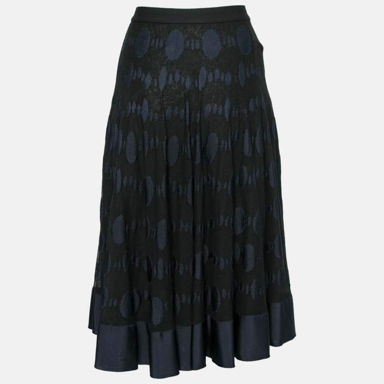 Pre Owned Chanel Black & Blue Patterned Knit Midi Skirt L