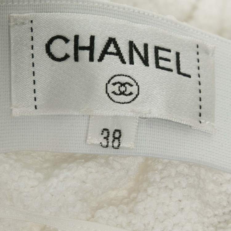 Pre Owned Chanel White Cotton Knit Ruched Off-Shoulder Top M