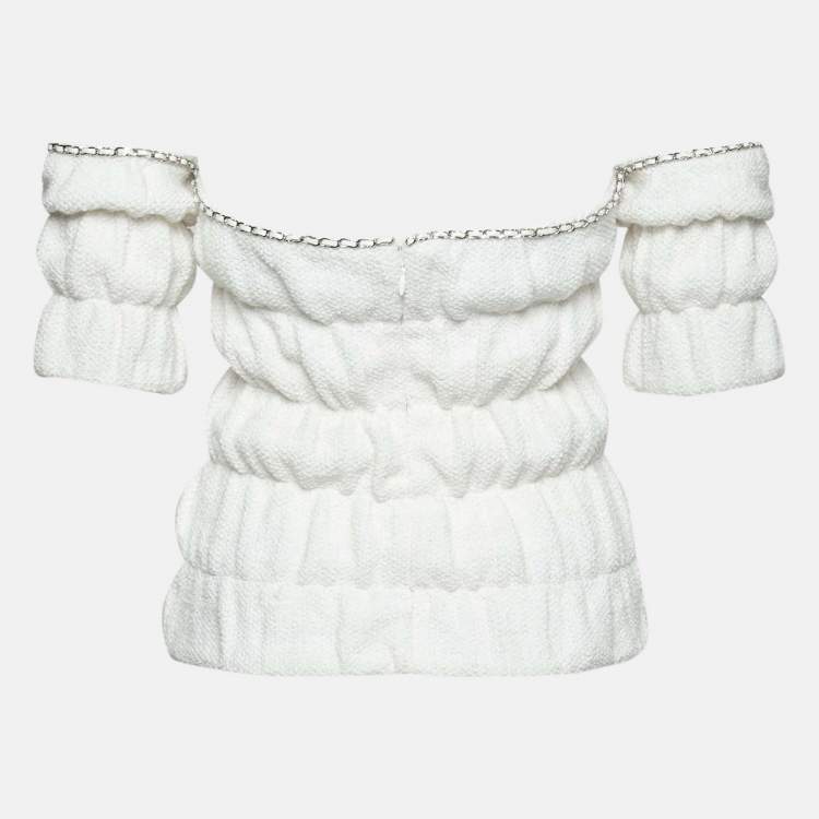 Pre Owned Chanel White Cotton Knit Ruched Off-Shoulder Top M