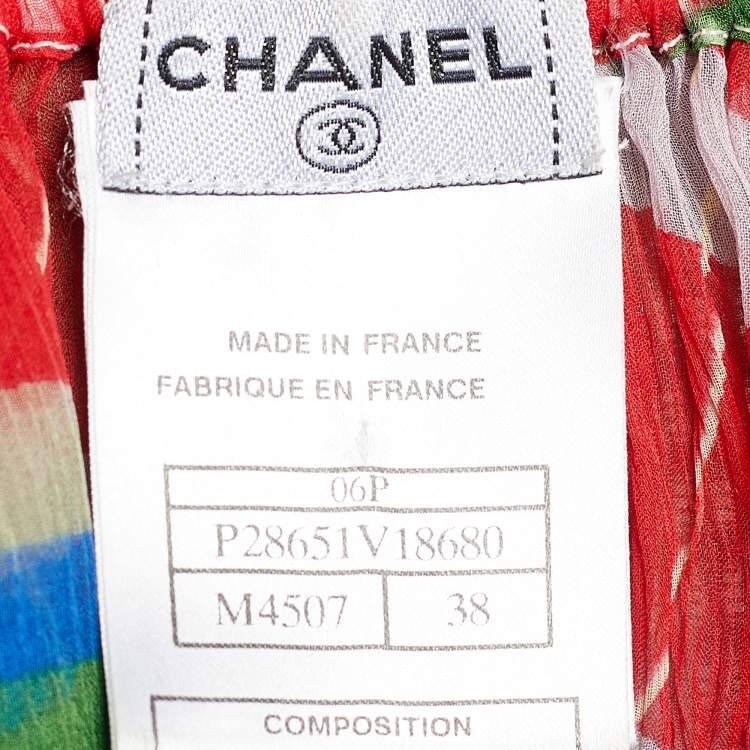 Pre Owned Chanel Multicolour Silk Plisse Stripes Print Tie Up Blouse M