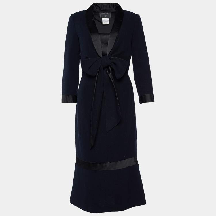 Pre Owned Chanel Navy Blue Wool & Silk Trim Tie Front Dress S
