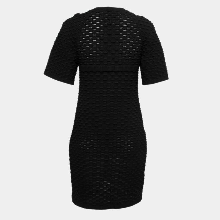Pre Owned Chanel Black Textured Knit Pocket Front Button Front Dress M