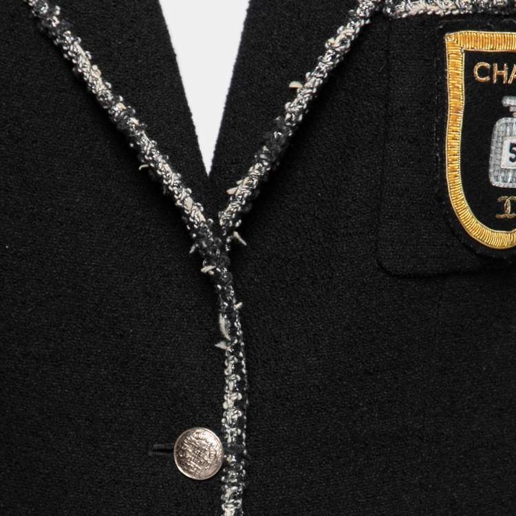 Pre Owned Chanel Black Wool Tweed Trim Logo Embroidered Pocket Blazer L