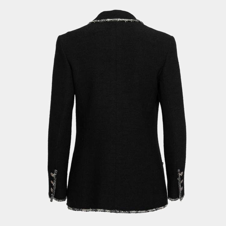 Pre Owned Chanel Black Wool Tweed Trim Logo Embroidered Pocket Blazer L