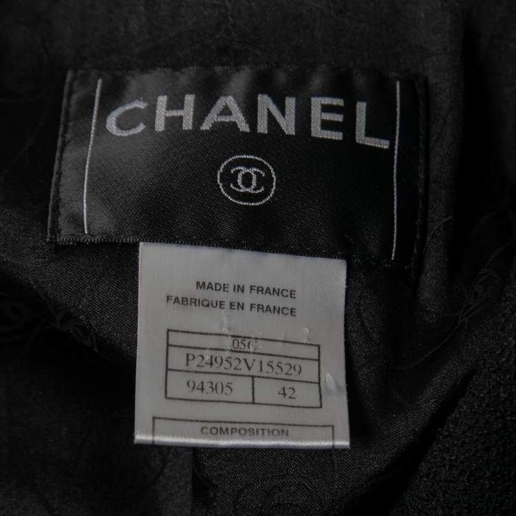 Pre Owned Chanel Black Wool Tweed Trim Logo Embroidered Pocket Blazer L