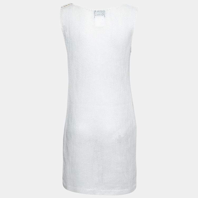 Pre Owned Chanel White Perforated Knit Sleeveless Dress L
