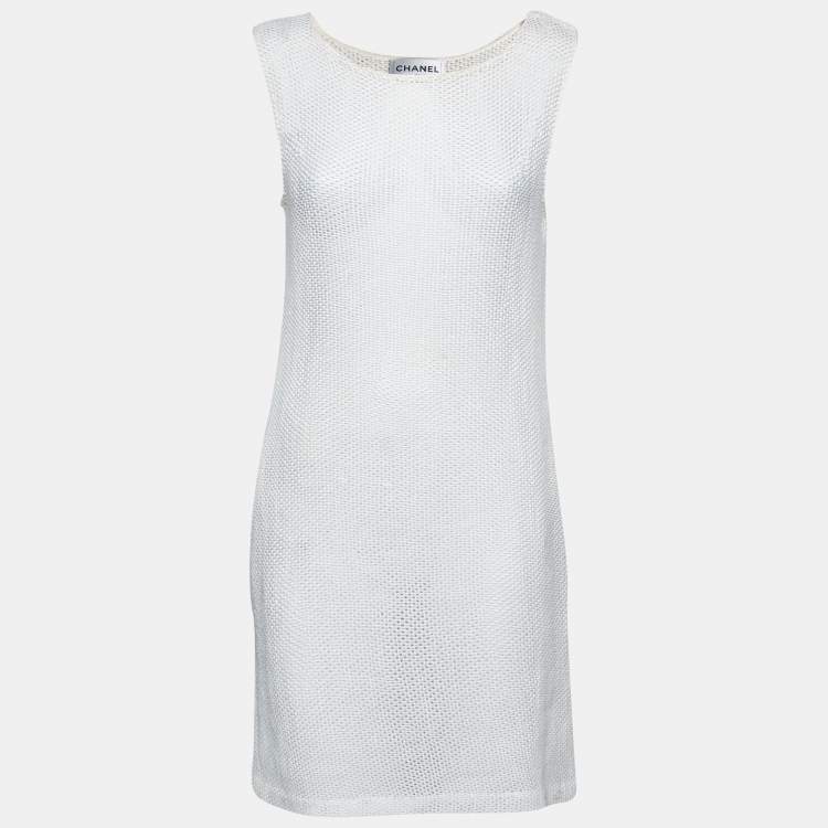 Pre Owned Chanel White Perforated Knit Sleeveless Dress L