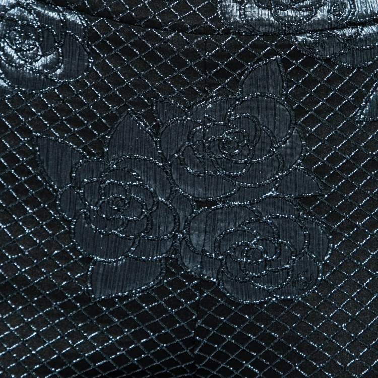 Pre Owned Chanel Navy Blue Stretch Jersey Camellia Embroidered Shorts L