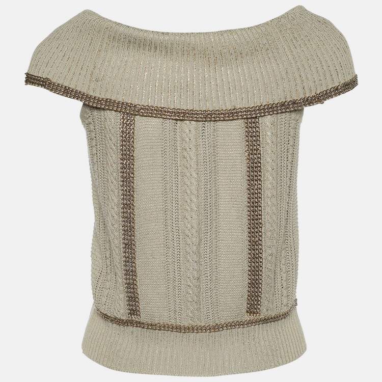 Pre Owned Chanel Ecru Metallic Print Knit Chain Detail Off-Shoulder Top S