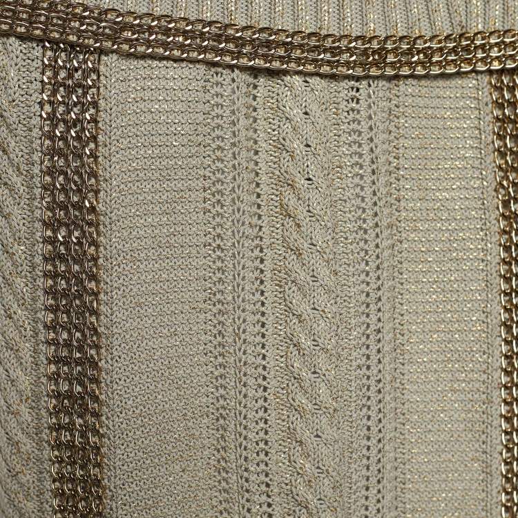 Pre Owned Chanel Ecru Metallic Print Knit Chain Detail Off-Shoulder Top S