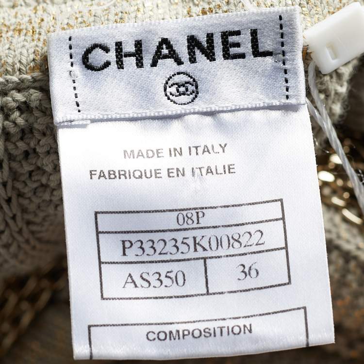 Pre Owned Chanel Ecru Metallic Print Knit Chain Detail Off-Shoulder Top S