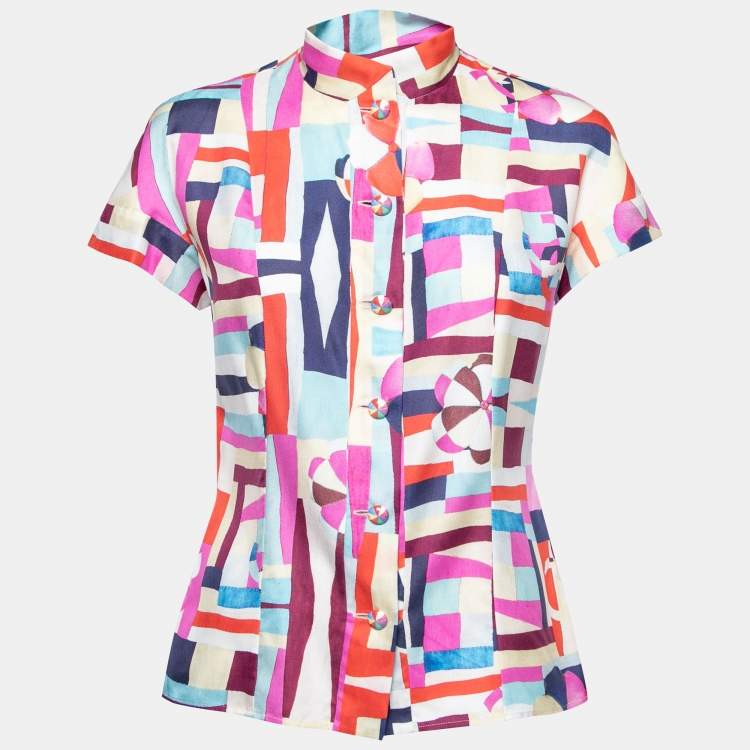 Pre Owned Chanel Multicolor Printed Silk Button Front Short Sleeve Shirt M