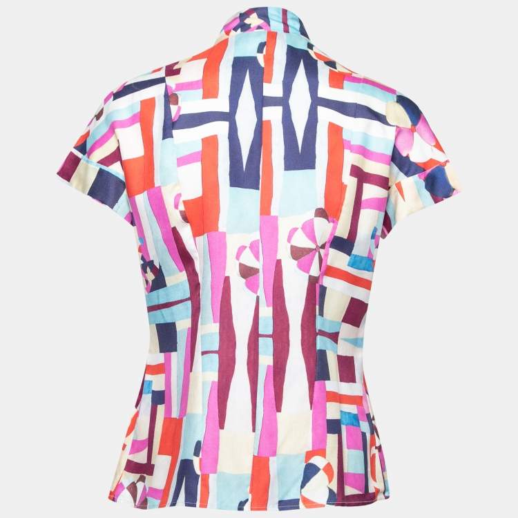 Pre Owned Chanel Multicolor Printed Silk Button Front Short Sleeve Shirt M