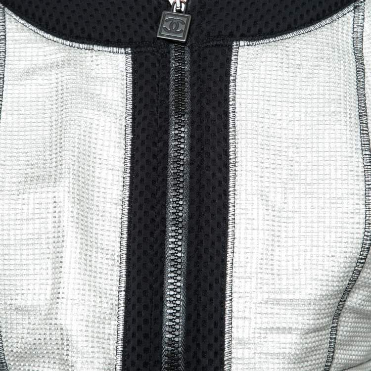 Pre Owned Chanel Silver Neoprene & Mesh Trim Zip Front Cropped Jacket M