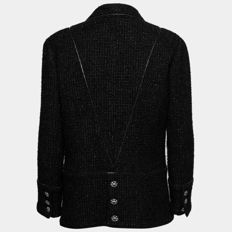 Pre Owned Chanel Black Tweed Zip-Detail Single-Button Jacket L