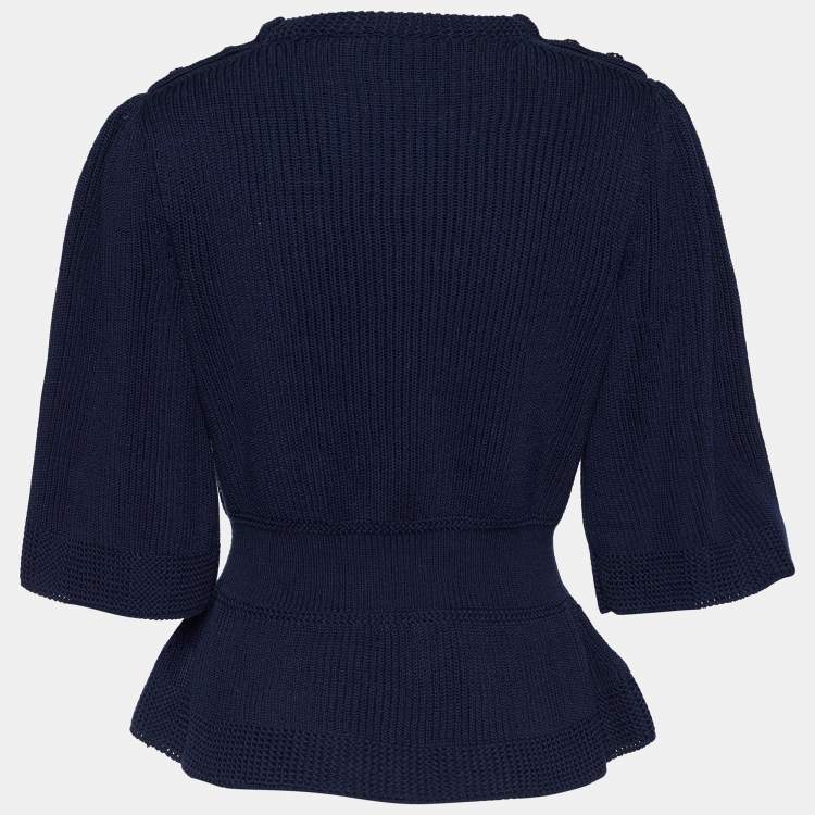 Chanel Navy Blue Cotton Rib Knit Button Detail Peplum Sweater L