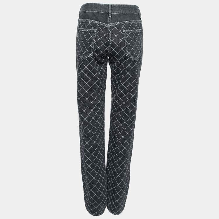 Pre Owned Chanel Grey Denim Quilted Stitch Straight Leg Jeans L