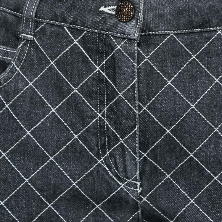 Pre Owned Chanel Grey Denim Quilted Stitch Straight Leg Jeans L