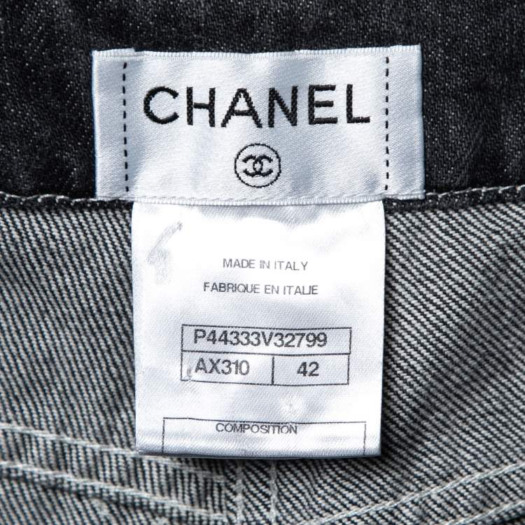 Pre Owned Chanel Grey Denim Quilted Stitch Straight Leg Jeans L