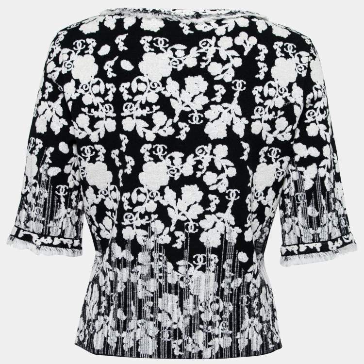 Pre Owned Chanel Black Floral Jacquard Knit Sweater Top L
