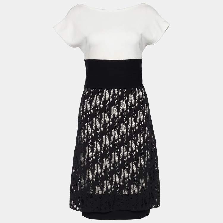 Pre Owned Chanel Monochrome Open Knit Overlay Sheath Dress M