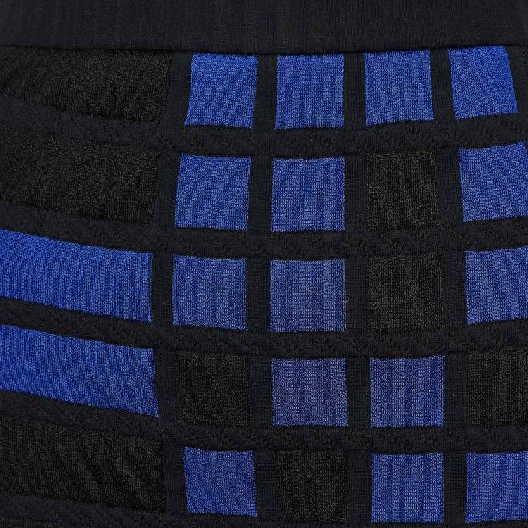 Pre Owned Chanel Blue Checked Knit Strapless Mini Dress M