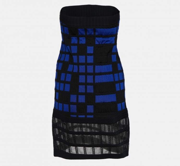Pre Owned Chanel Blue Checked Knit Strapless Mini Dress M