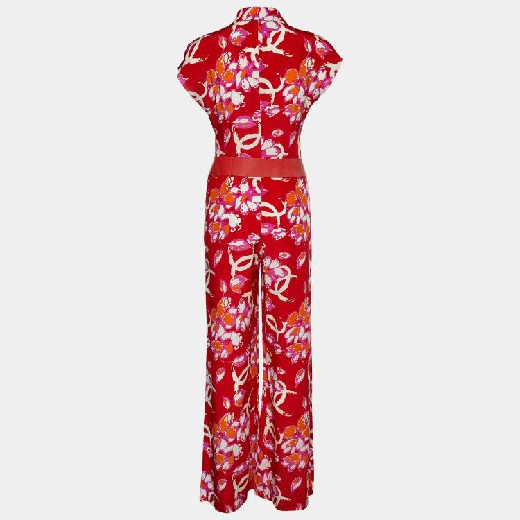 Pre Owned Chanel Red CC Floral Printed Silk Belted Jumpsuit M