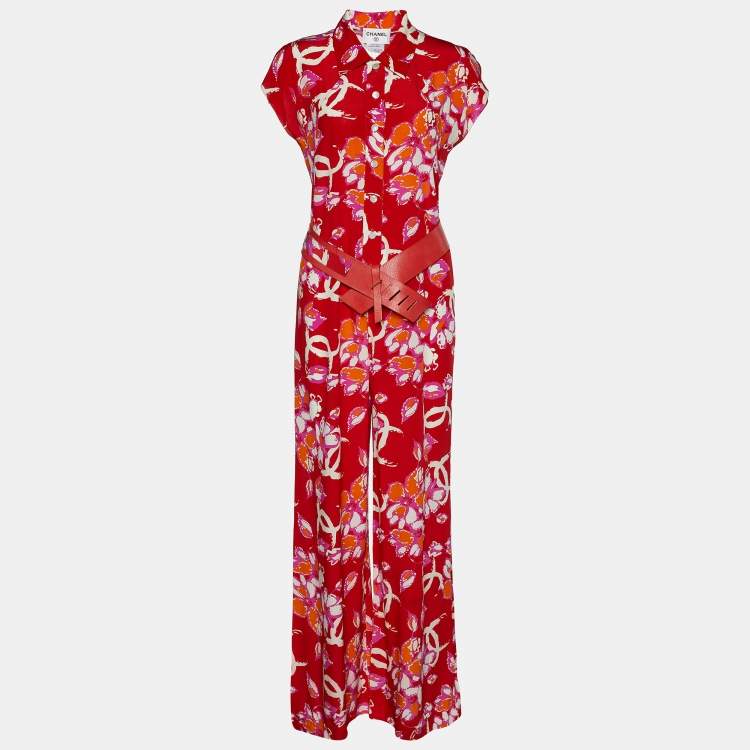 Pre Owned Chanel Red CC Floral Printed Silk Belted Jumpsuit M