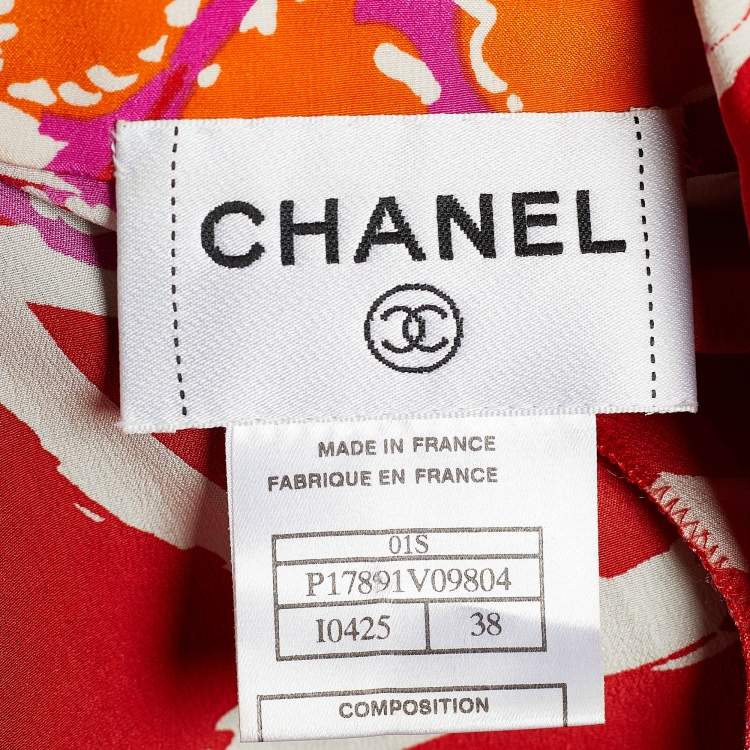 Pre Owned Chanel Red CC Floral Printed Silk Belted Jumpsuit M