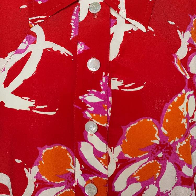 Pre Owned Chanel Red CC Floral Printed Silk Belted Jumpsuit M