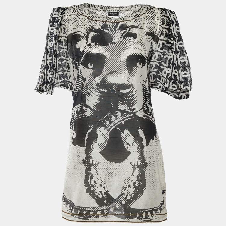 مملوكة مسبقًا Chanel Black and White Lion Printed Cotton & Silk Tie Detail Top M