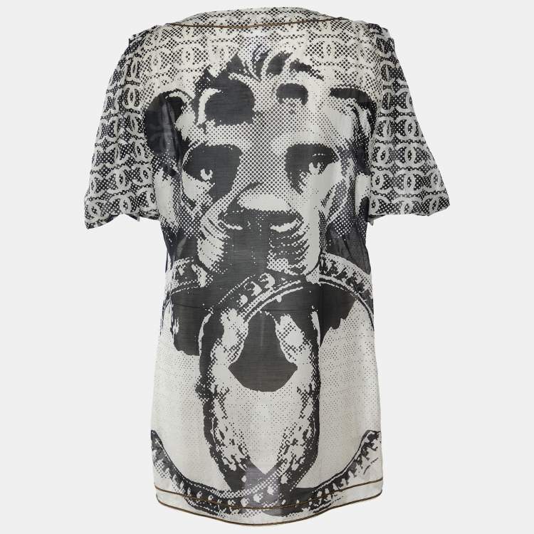 مملوكة مسبقًا Chanel Black and White Lion Printed Cotton & Silk Tie Detail Top M