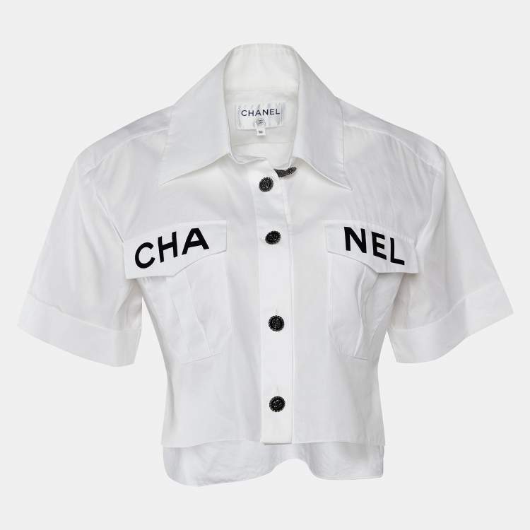 Chanel White Logo Printed Cotton Button Front Cropped Shirt S Chanel | The  Luxury Closet