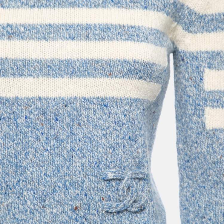 Pre Owned Chanel Blue Intarsia Knit Wool Turtle Neck Jumper S 