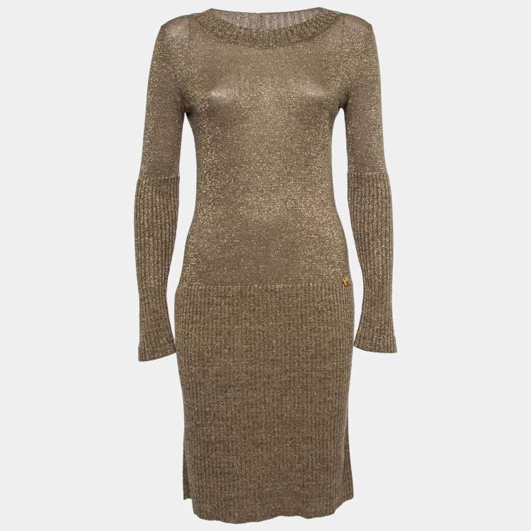 Chanel Gold Metallic Ribbed Knit Sweater Dress S Chanel TLC