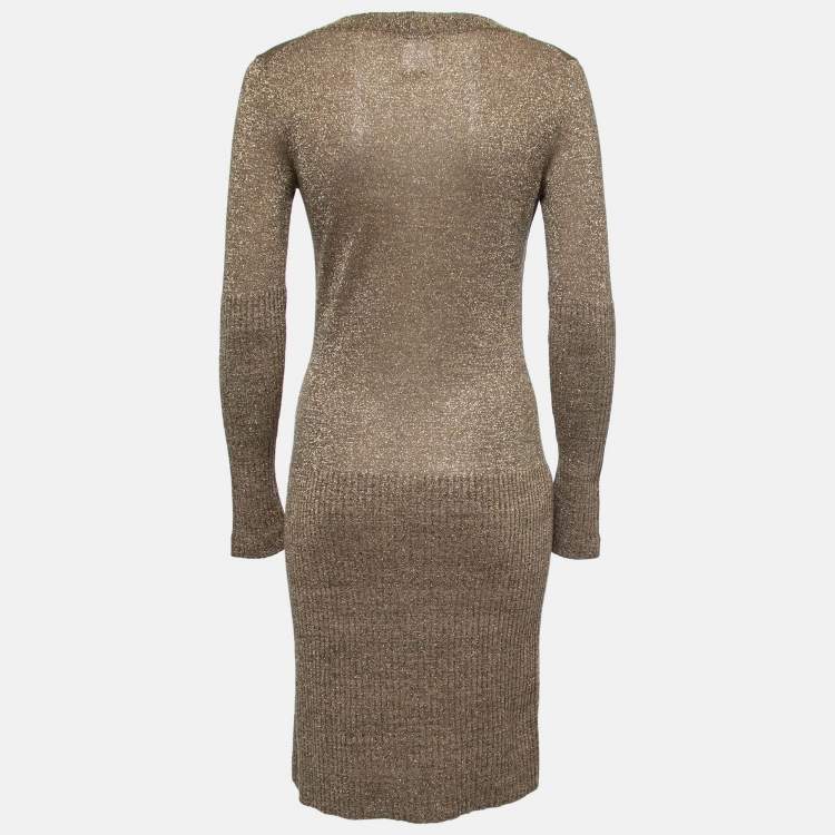 Chanel Gold Metallic Ribbed Knit Sweater Dress S Chanel