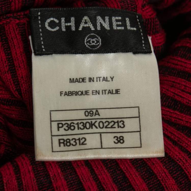 Pre Owned Chanel Red Ribbed Knit Wool Turtleneck Top M