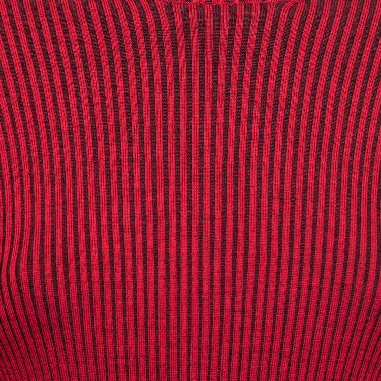 Pre Owned Chanel Red Ribbed Knit Wool Turtleneck Top M