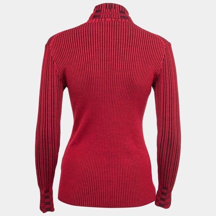 Chanel Red Ribbed Knit Wool Turtleneck Top M Chanel