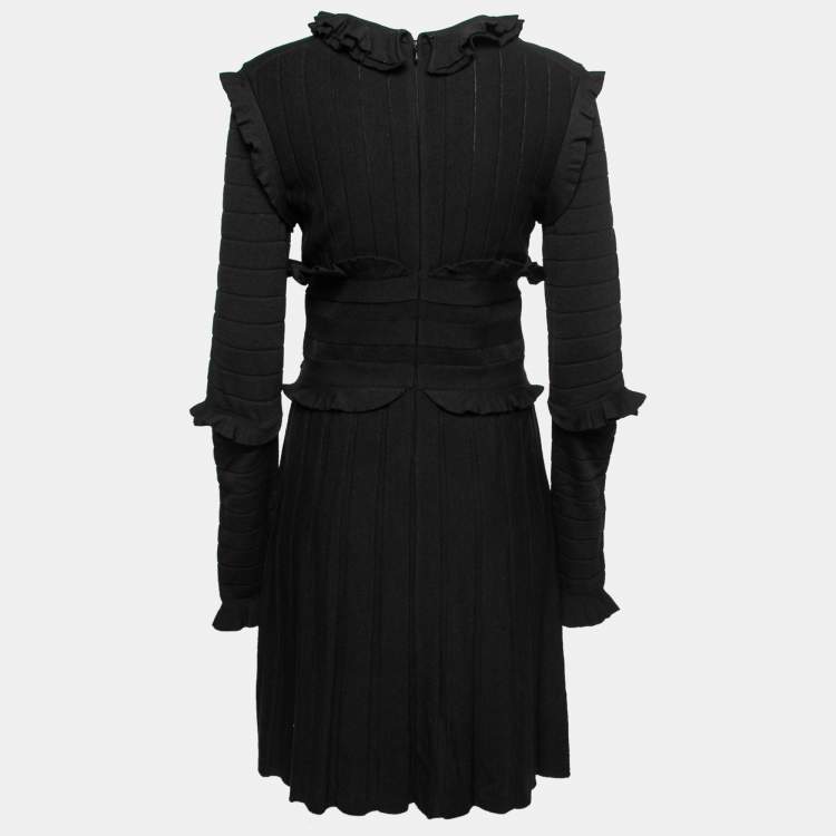 Pre Owned Chanel Black Wool Ruffle Trimmed Pleated Dress M