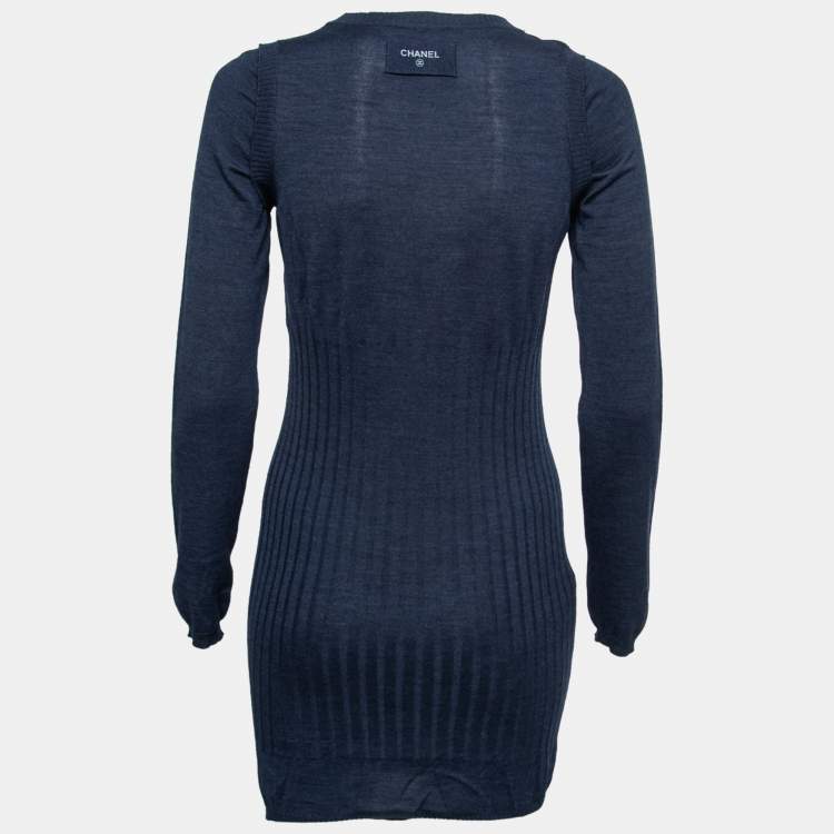 Chanel Blue Wool Ribbed Knit Sweater Dress M Chanel