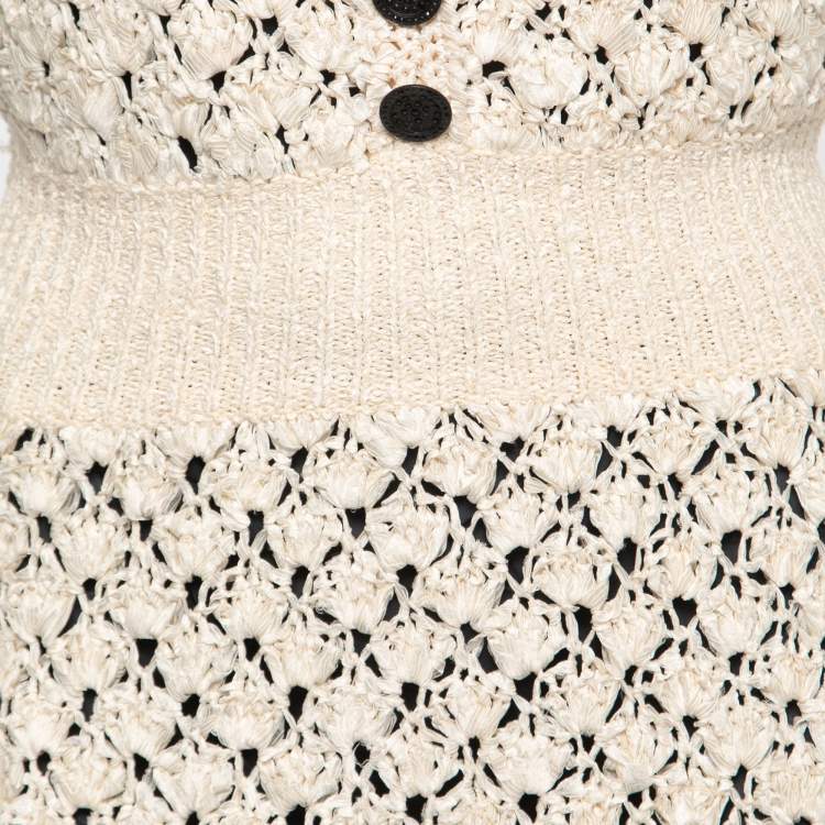 Pre Owned Chanel Cream Patterned Silk Knit Sleeveless Dress M