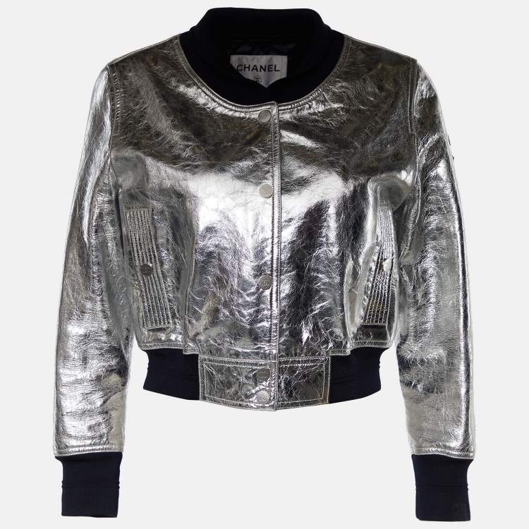 Pre Owned Chanel Metallic Silver Lambskin Bomber Jacket S