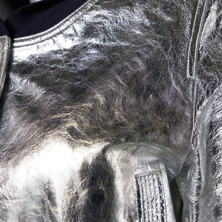 Pre Owned Chanel Metallic Silver Lambskin Bomber Jacket S