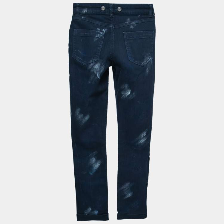 Pre Owned Chanel Navy Blue Denim Graffiti Print Straight Jeans S Waist 28"